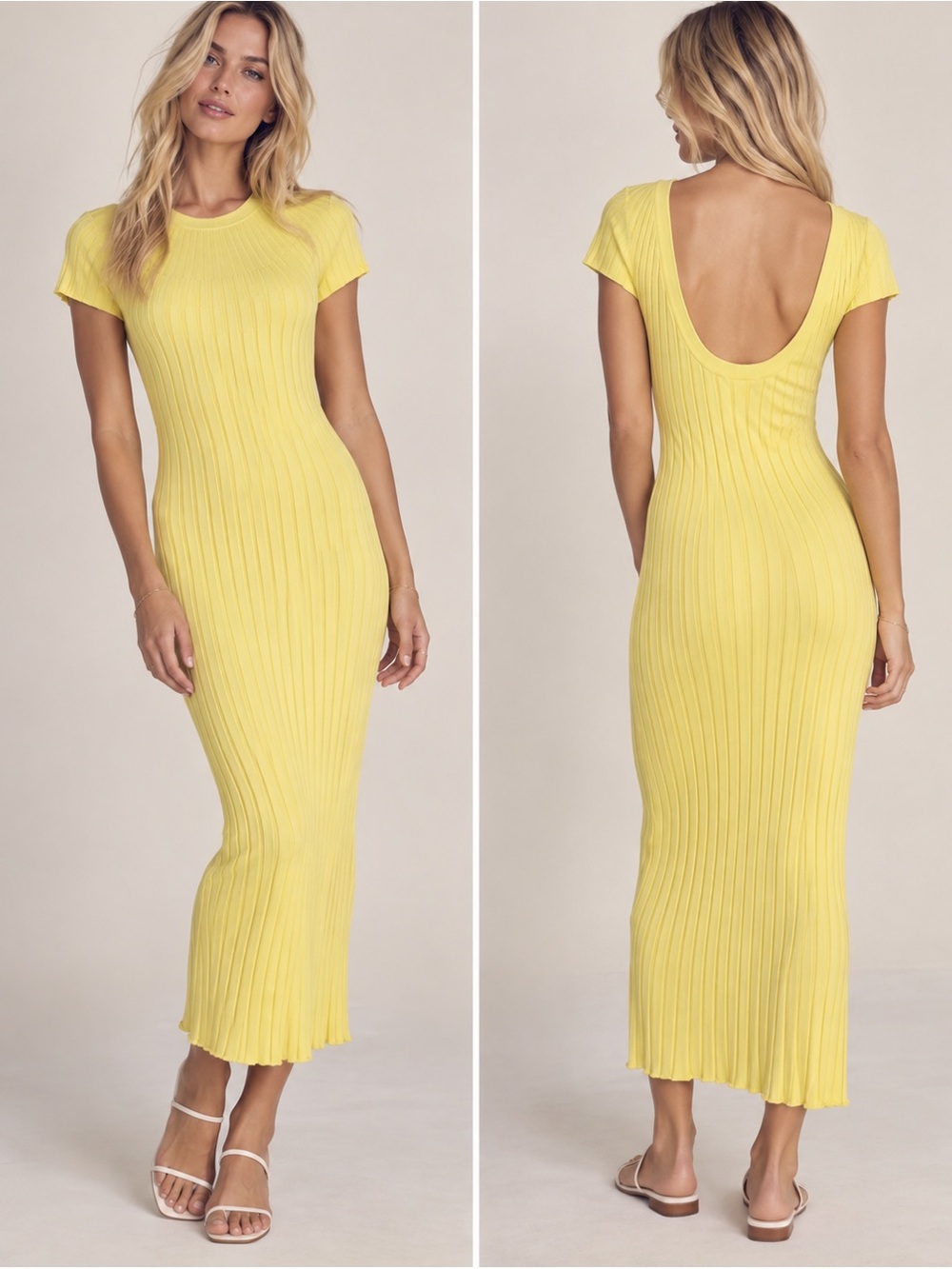 Free People Yellow Ribbed Knit Midi Sweater Dress M Scoop Back
